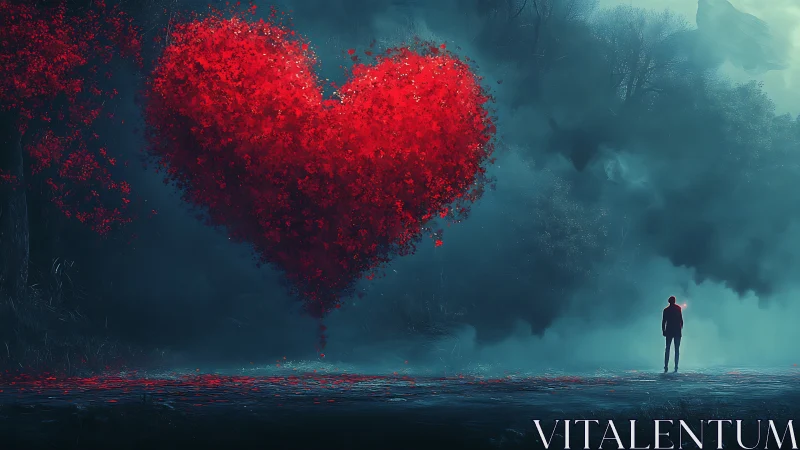 Solitary Figure Confronting Massive Crimson Heart Floating in Ethereal Mist