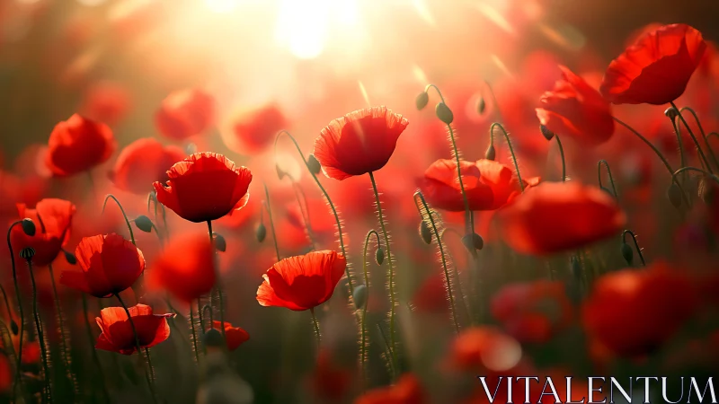 Golden Sunlight Illuminates Red Poppy Field.