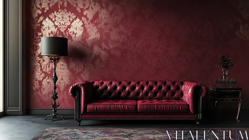 Luxurious red leather sofa against ornate damask wall