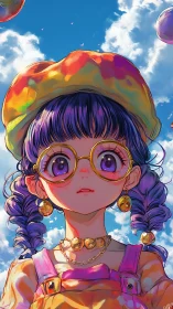 Vivid skyward portrait of wide-eyed girl in rainbow beret.