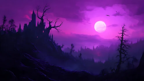 Gothic castle broods beneath a vivid violet full-moon sky