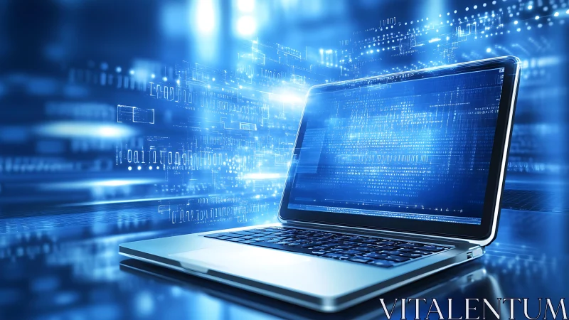 Open laptop with digital data interface in blue environment.