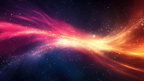 Cosmic light stream arcs through vivid star-filled void.