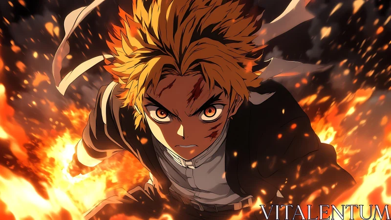Anime character in forward motion framed by dynamic flames