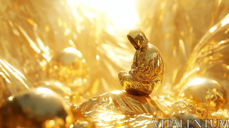Golden foil-clad hooded figure in luminous abstract landscape