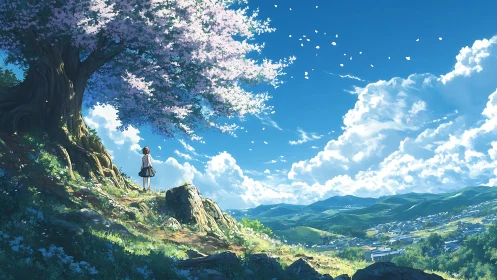 Girl under cherry tree above sunlit valley in spring sky.