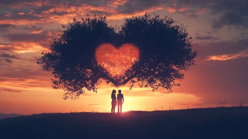 Digital Composite: Silhouetted Couple Under Heart-Shaped Tree at Sunset