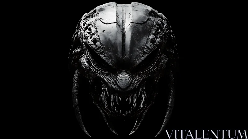 Symmetrical biomechanical creature head in stark black field.