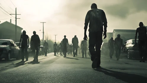 Sun-bleached zombie horde wanders a ruined suburban street.