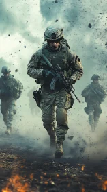 Tactical infantry squad advancing through battlefield blast haze