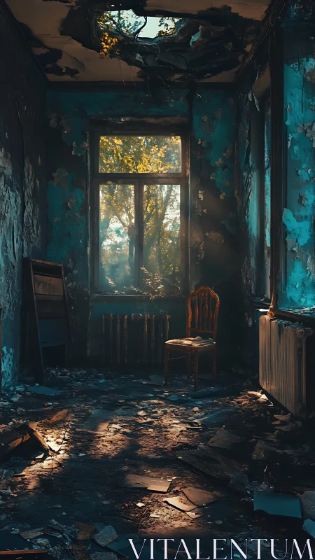 Lonely wooden chair waits in a sunlit, decaying room.