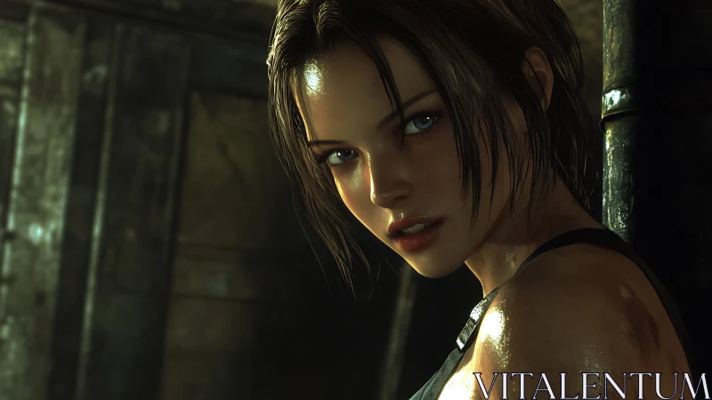 Intense digital portrait of wet haired woman in shadow.