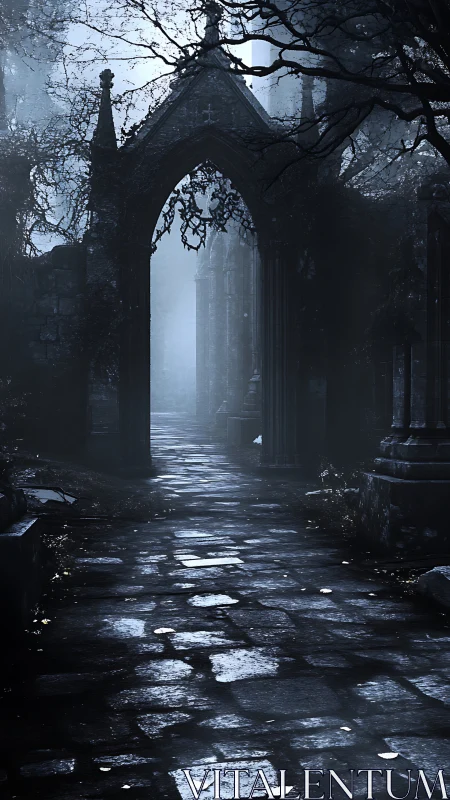 Gothic cemetery arch frames misted cobblestone passageway.