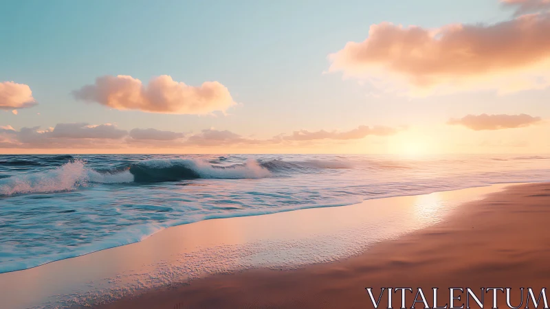 Low surf sunrise shoreline with warm pastel cloudscape