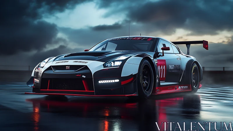 GT race car with aero kit on wet track under stormy evening sky