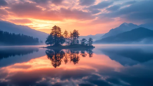 Small forested island reflects on calm lake at sunrise