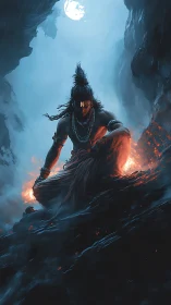 Warrior meditates in fiery cavern under cold moonlight.