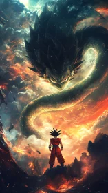 Figure in red observes large dragon form within turbulent sky