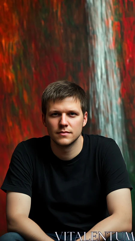 Calm portrait before a cascading wall of molten color.