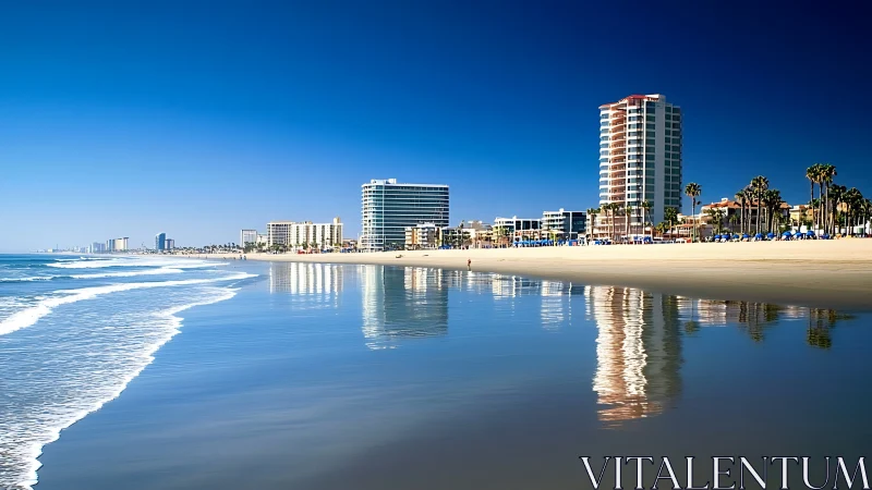 Sunlit beachfront skyline glows against a calm reflective shore