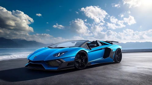 Ocean-blue supercar prowls a sunlit coastal runway.