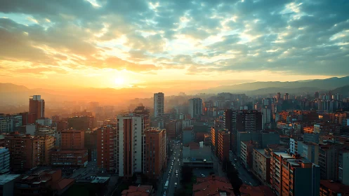 Sunlit urban skyline under dramatic layered cloud ceiling.