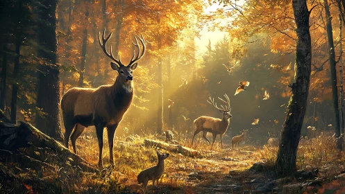 Majestic deer stand in glowing autumn forest light