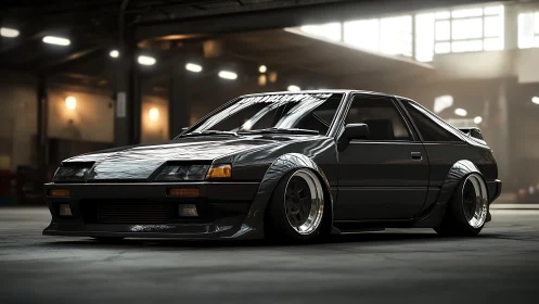 Midnight-tuned retro coupe prowls a moody industrial garage.