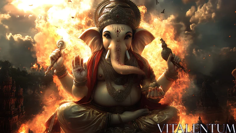 Digital rendering depicts seated Ganesha amid intense flames