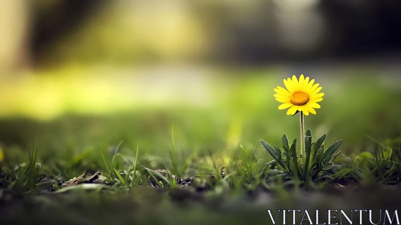 Lone yellow daisy holding quiet sunlight above soft grass.