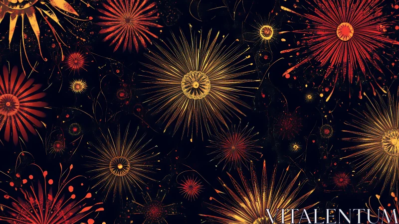 Radiant red and gold firework bursts on deep black field.