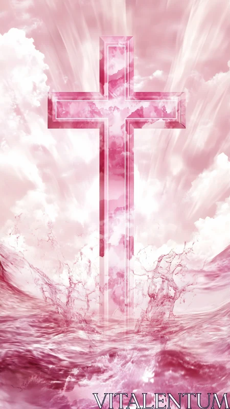 Crystal cross rises through rosy surf and cotton skies