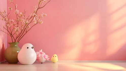 Soft sunshine nest for pastel birds in a cherry-blush corner.