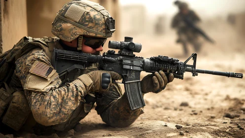 Soldier in desert combat gear aiming rifle on dusty ground.