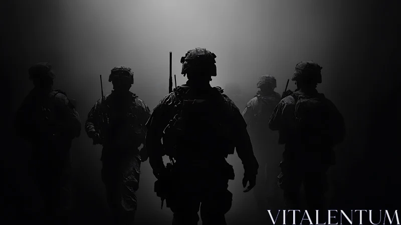 Silhouetted tactical infantry squad advancing into dense fog