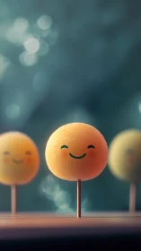 Smiling spherical cake pop rendered with shallow depth of field