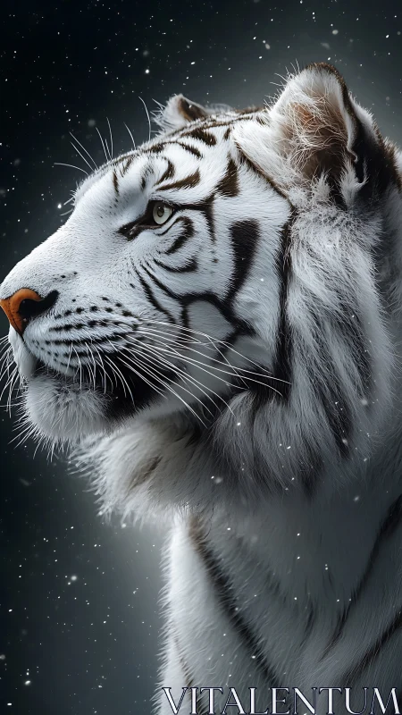 White tiger profile in falling snow, detailed fur study.