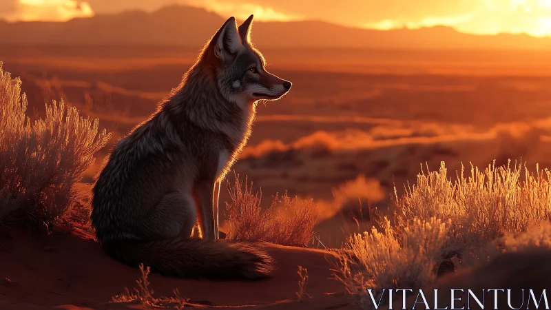 Sunlit coyote profile in backlit desert scrub at golden hour