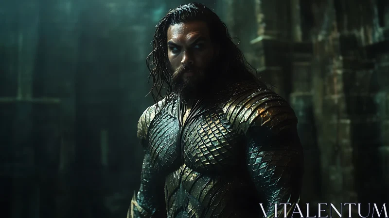 Armored underwater warrior stands in shadowed stone hall.