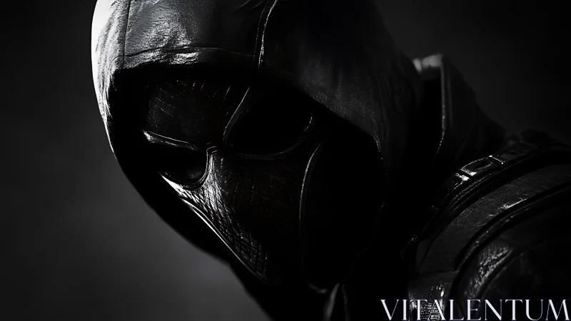 Tactical masked figure in hooded armor under noir lighting.