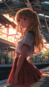 Sunlit schoolgirl waiting on quiet station platform at dusk.