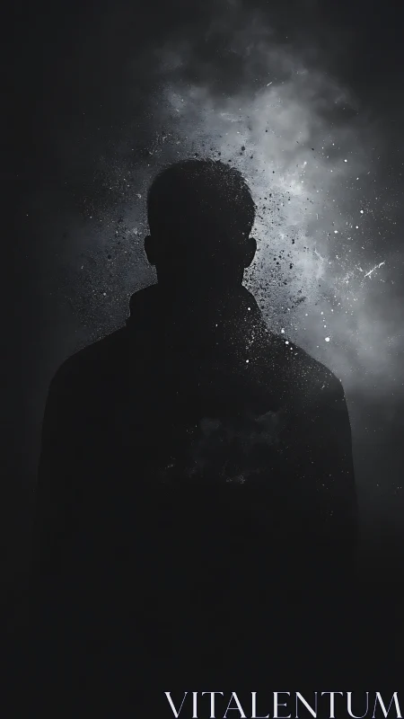 Shadowborn silhouette dissolving into cosmic dust veil.