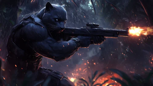 Tactical panther commando engaging with ballistic rifle fire.