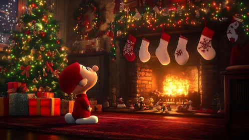 Child in red pajamas gazes at cozy Christmas fireplace scene.