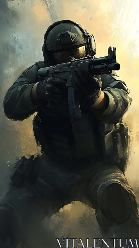 Tactical operator with carbine in dynamic low-key lighting