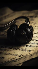 Black headphones resting on aged sheet music in warm light.