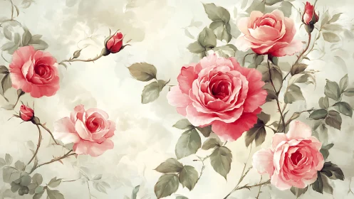 Watercolor Botanical Garden: Pink Garden Roses with Muted Foliage