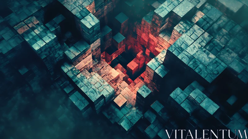 Geometric stone cubes descend into a glowing digital abyss