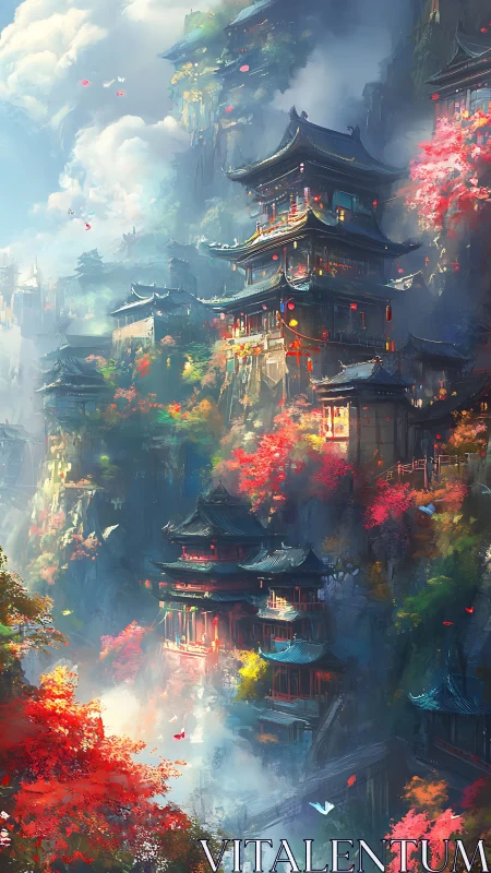 Vertical pagoda citadel in mist with vibrant autumn foliage.