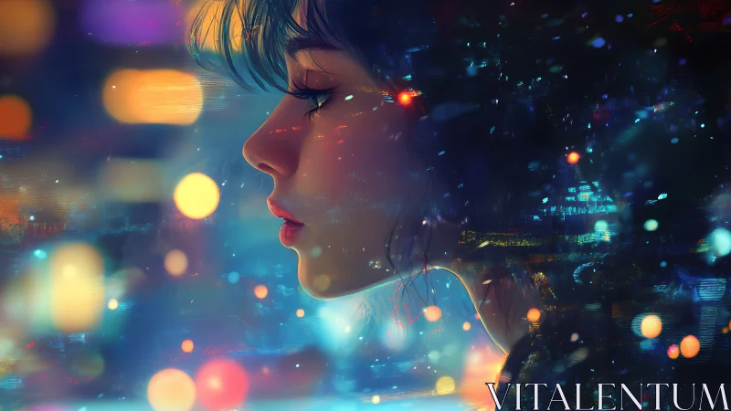 Neon city girl profile in luminous bokeh nightscape.